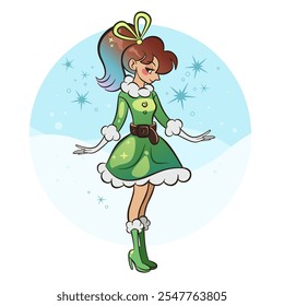 Girl in winter green dress. Vector illustration. Character design. Girl in dress. Snowflakes. Winter outfit.