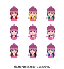 Girl with winter hat - 9 different hair colors ( flat colors )