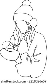 Girl in winter hat - continuous line drawing