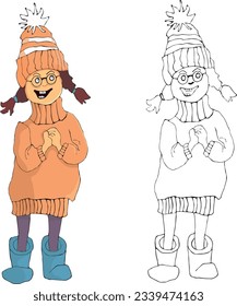 Una chica con un sombrero de invierno. Un elemento de diseño o una página de un libro de colorear para niños. Ilustración de contorno de color y blanco y negro en un fondo blanco