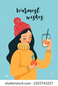 Girl in winter hat and sweater, holding drink in her hands. Christmas and winter vector illustration.