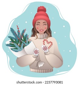 Girl in winter holding a Christmas tree and candy cane. winter background and snow.Vector illustration in flat style.Cartoon character. Christmas. Girl. Winter mood. Winter bouquet. Greeting card