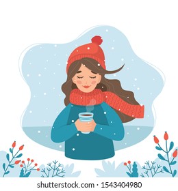 Girl in winter holding a coffee cup with winter background and snow. Vector illustration in flat style
