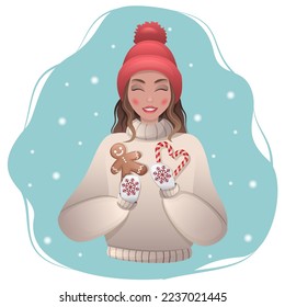 Girl in winter holding a gingerbread and candy cane with winter background and snow.Teatime.Vector illustration in flat style.Cartoon character. Cozy winter. Christmas. Girl in warm cloth. Winter mood