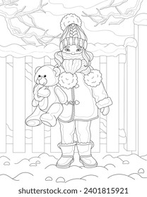 Girl in winter. Holds a toy bear in his hands. Coloring book for adults and children.