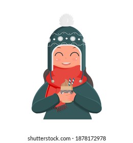 A girl in a winter knitted hat and a red scarf holds a hot drink in her hands. A cute girl in winter clothes drinks a warm drink. Vector 