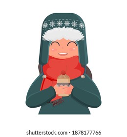 A girl in a winter knitted hat and a red scarf holds a hot drink in her hands. A cute girl in winter clothes drinks a warm drink. Christmas and New Year concept. Vector illustration.