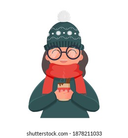 A girl in a winter knitted hat and a red scarf holds a hot drink in her hands. A cute girl in winter clothes drinks a warm drink. Christmas and New Year concept. Vector illustration.