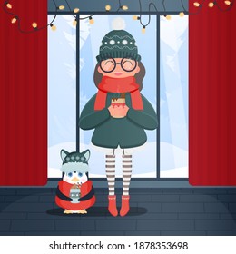 A girl in a winter knitted hat and a red scarf holds a hot drink in her hands. Little penguin in winter clothes. Ready postcard. Vector illustration.