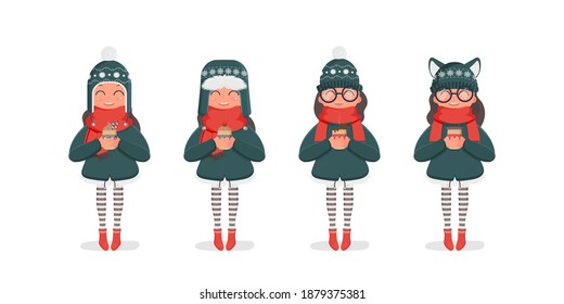 A girl in a winter knitted hat and a red scarf holds a hot drink in her hands. Girl in red boots and striped tights. Winter, christmas and new year concept. Vector illustration set. 