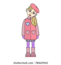 Girl winter look colorful cute line doodle vector illsutration