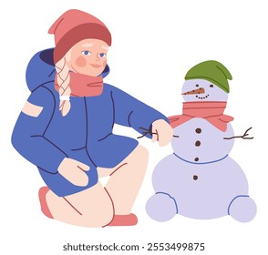 A girl in winter near a snowman. Making a snowman out of snow. Flat vector illustration. Eps10