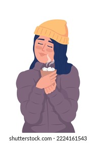 Girl in winter outfit enjoying hot chocolate outdoor semi flat color vector character. Editable figure. Half body person on white. Simple cartoon style illustration for web graphic design, animation