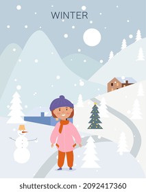 Girl in winter park. Character in warm clothes standing in snow. Poster, banner and background. December, January and February. Person sculpts snowman, holiday. Cartoon flat vector illustration