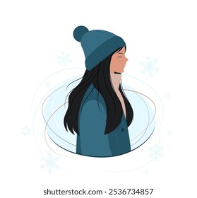 Girl in winter portrait. Young woman in a hat, coat and snowflakes. Wintry design for card, banner, sale, social media, avatar.