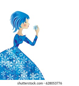 The Girl Winter With Snowflakes And Blue Hair