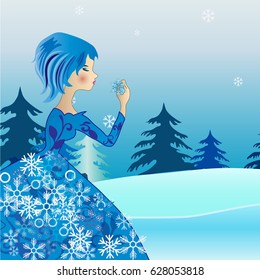 The Girl Winter With Snowflakes And Blue Hair