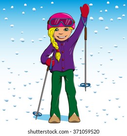 Girl in winter suit goes skis
