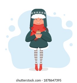 A girl with winter warm clothes and glasses holds a hot drink in her hands. Ready-made square card for a winter theme. Vector illustration.