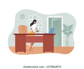 Girl wipes the dust from the desk in the room. Beautiful housewife is cleaning. Vector illustration in flat style