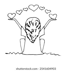 
the girl wishes love and goodness to everyone, black outline on a white background, vector