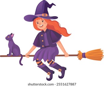 Girl witch and black cat sit on broom stick isolated on white background