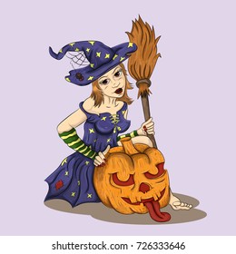 girl witch with a broom in her hand sits next to a pumpkin