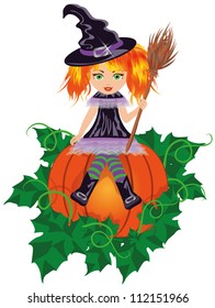 Girl witch with a broom. vector illustration