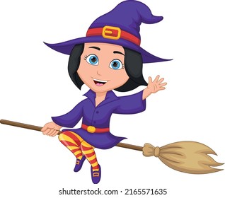 girl witch cartoon flying on her broom