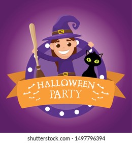girl witch cat broom costume for halloween party vector illustration