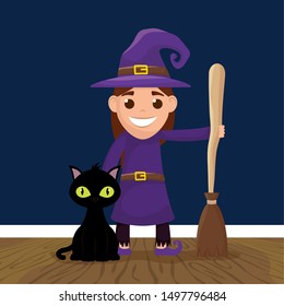 girl witch with cat and broom costume for halloween party vector illustration