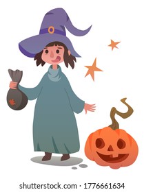 Girl in a witch costume with a bag for sweets. Girl in a hat, pumpkin and stars. Happy halloween character. Vector illustration for any use.
