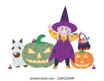 Girl in a witch costume. A basket in the form of a witch's cauldron on fire with sweets. Pumpkins with carved faces. Flat vector illustration, eps10