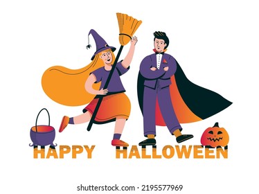 Niña con traje de bruja y niño con disfraz dracula de halloween. Bruja linda con escoba y vampiro de halloween. Feliz baner de halloween, tarjeta, afiche. Ilustración del vector