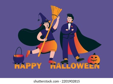 Niña con traje de bruja y niño con disfraz dracula de halloween. Bruja linda con escoba y vampiro de halloween. Feliz baner de halloween, tarjeta, afiche. Ilustración del vector