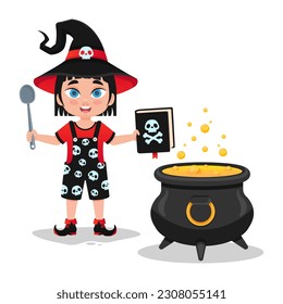 Girl in a witch costume brews a potion