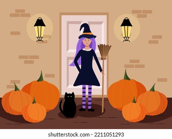 A girl in a witch costume with broom and a black cat it stands on the wing of the house. Cartoon scene for Halloween. Vector illustration.