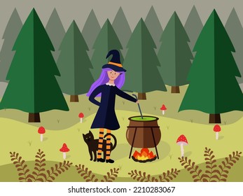 A girl in a witch costume cooks a potion in a cauldron over a fire. Cartoon scene for Halloween. Vector illustration of a forest with fir trees, a clearing