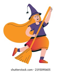 Girl in witch costume. Cute halloween witch with broom. Vector illustration