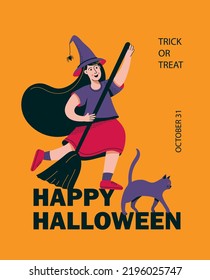 Niña con traje de bruja. Cálida bruja de Halloween con escoba y gato. Feliz baner de halloween, tarjeta, afiche. Ilustración del vector