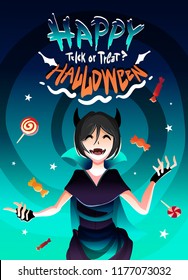 The girl in the witch costume for Halloween in the candy rain.Happy halloween illustration cartoon anime style.