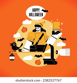 A girl with witch costume for halloween day flying with broom.focused character.simple vector design