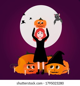 Girl in witch costume, halloween illustration, flying cute bat, kid holding pumpkin, candles around, big moon on purple background