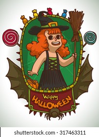 Girl in Witch costume for Halloween, vector