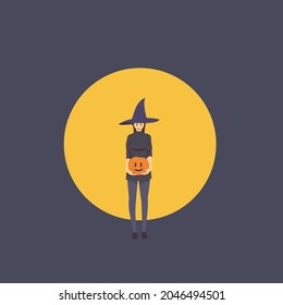 
girl in witch costume holding halloween pumpkin