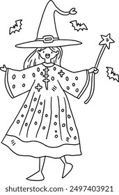 A girl in a witch costume is holding a wand and smiling. She is surrounded by bats. Concept of fun and playfulness, as the girl is dressed up for Halloween and is ready to cast spells