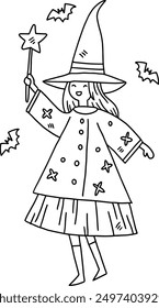 A girl in a witch costume is holding a wand and smiling. She is surrounded by bats. Concept of fun and playfulness, as the girl is dressed up for Halloween and is ready to cast spells