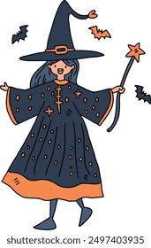 A girl in a witch costume is holding a wand and smiling. She is surrounded by bats. Concept of fun and playfulness, as the girl is dressed up for Halloween and is ready to cast spells