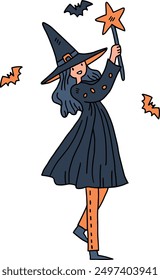 A girl in a witch costume is holding a wand and smiling. She is surrounded by bats. Concept of fun and playfulness, as the girl is dressed up for Halloween and is ready to cast spells