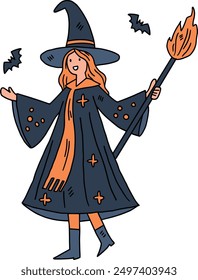 A girl in a witch costume is holding a wand and smiling. She is surrounded by bats. Concept of fun and playfulness, as the girl is dressed up for Halloween and is ready to cast spells